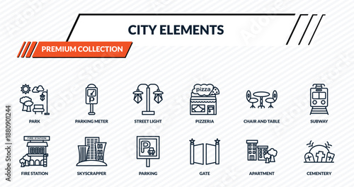 city elements icons set - park, parking meter, street light, skyscrapper, cementery outline vector collection.