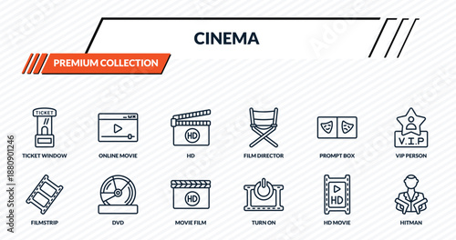 cinema icons set - ticket window, online movie, hd, dvd, hitman outline vector collection.