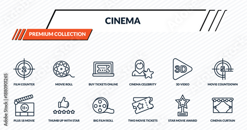 cinema icons set - film counter, movie roll, buy tickets online, thumb up with star, cinema curtain outline vector collection.