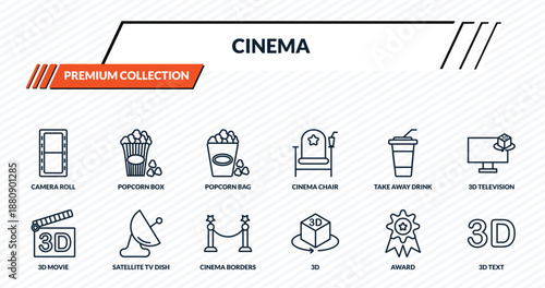 cinema icons set - camera roll, popcorn box, popcorn bag, satellite tv dish, 3d text outline vector collection.