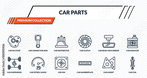 car parts icons set - car oil pump, car connecting rod, distributor cap, petrol gauge, coil outline vector collection.
