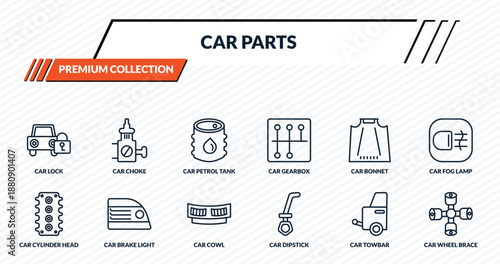 car parts icons set - car lock, car choke, petrol tank, brake light, wheel brace outline vector collection.