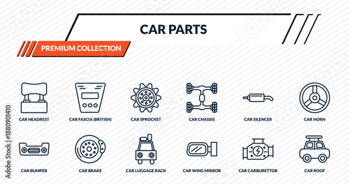 car parts icons set - car headrest, car fascia (british), sprocket, brake, roof outline vector collection.