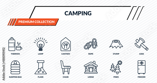 camping icons set - thermos, lamp, canteen, flask, freezer outline vector collection.