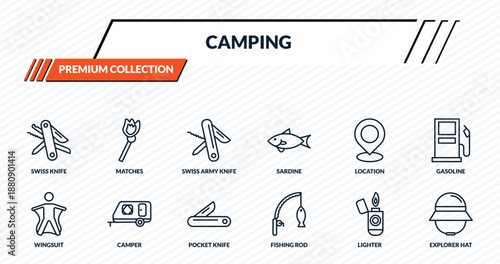 camping icons set - swiss knife, matches, swiss army knife, camper, explorer hat outline vector collection.