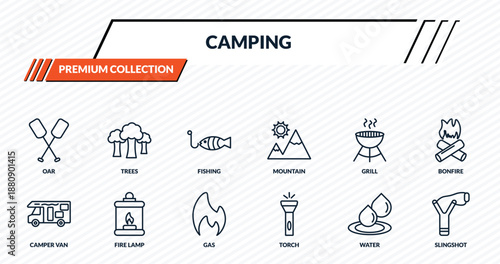 camping icons set - oar, trees, fishing, fire lamp, slingshot outline vector collection.