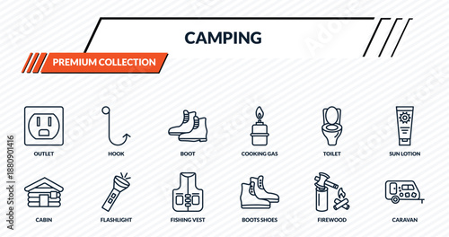 camping icons set - outlet, hook, boot, flashlight, caravan outline vector collection.