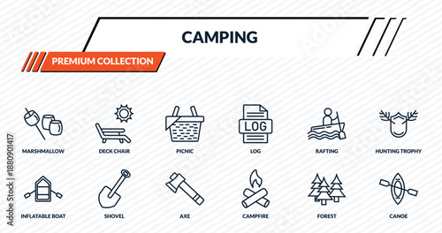 camping icons set - marshmallow, deck chair, picnic, shovel, canoe outline vector collection.