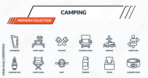 camping icons set - carabiner, camp table, hatchet, camp chair, canned food outline vector collection.
