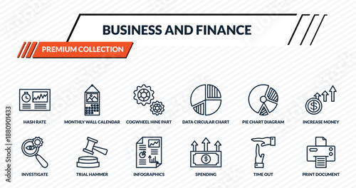 business and finance icons set - hash rate, monthly wall calendar, cogwheel hine part, trial hammer, print document outline vector collection.