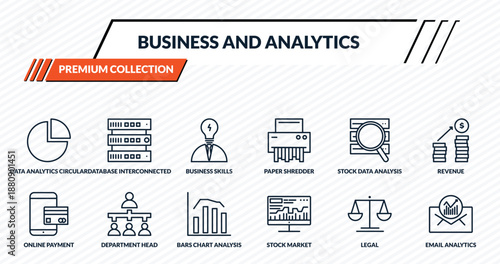 business and analytics icons set - data analytics circular, database interconnected, business skills, department head, email analytics outline vector collection.