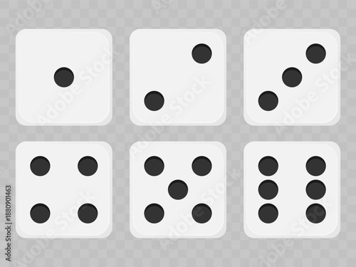 Game dice vector set on checkered background. Dice icons with numbers 1 to 6 for board game design, casino and gambling concepts, educational math materials, visual metaphors for luck, chance
