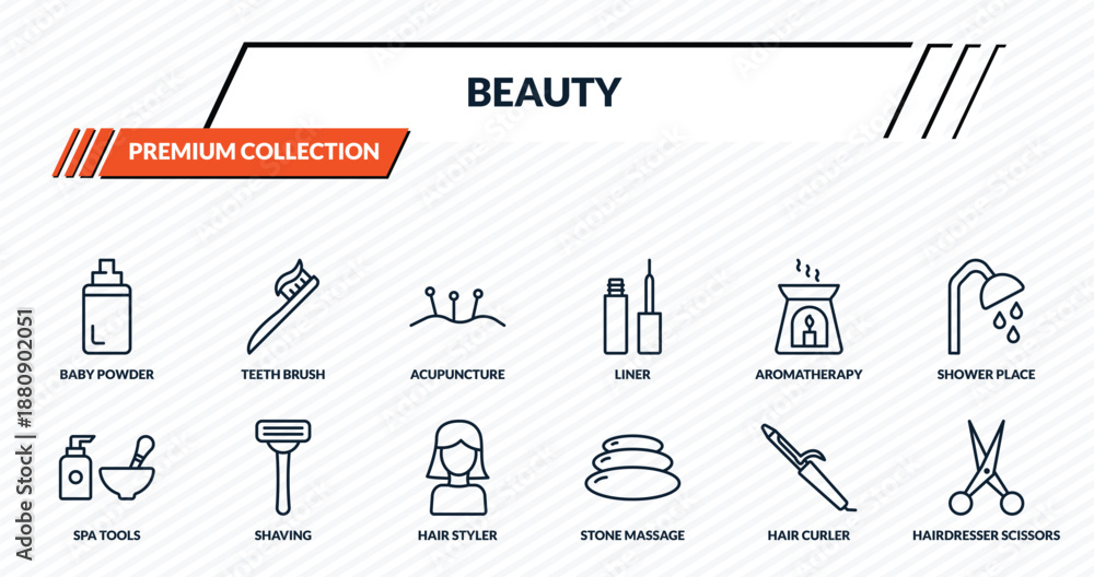 Fototapeta premium beauty icons set - baby powder, teeth brush, acupuncture, shaving, hairdresser scissors outline vector collection.