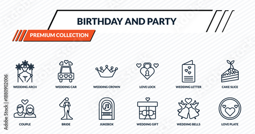 birthday and party icons set - wedding arch, wedding car, wedding crown, bride, love plate outline vector collection.