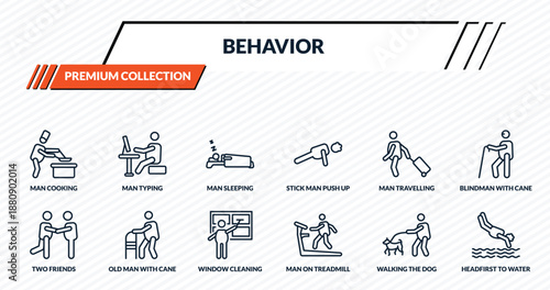 behavior icons set - man cooking, man typing, man sleeping, old with cane, headfirst to water outline vector collection.