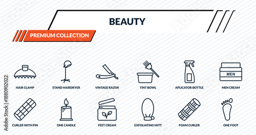 beauty icons set - hair clamp, stand hairdryer, vintage razor, one candle, one foot outline vector collection.
