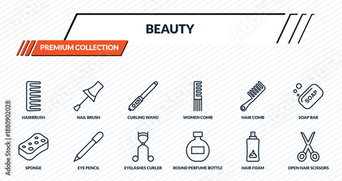 beauty icons set - hairbrush, nail brush, curling wand, eye pencil, open hair scissors outline vector collection.