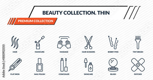 beauty collection. thin icons set - hair, manicure, massage, nail polish, patches outline vector collection.