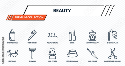 beauty icons set - baby powder, teeth brush, acupuncture, shaving, hairdresser scissors outline vector collection.
