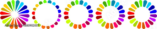 Row of Five Colorful Circular Loading Icons with Bold Segments in Rainbow Spectrum Colors for UI Components