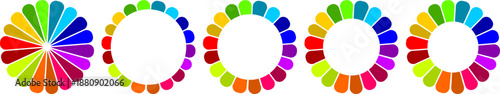 Set of Five Smooth Circular Progress Bars in Vibrant Rainbow Spectrum Colors for Application Interfaces