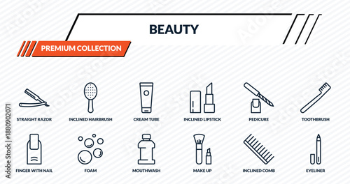 beauty icons set - straight razor, inclined hairbrush, cream tube, foam, eyeliner outline vector collection.