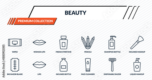 beauty icons set - wipes, woman lips, french perfume, lips, liquid makeup outline vector collection.