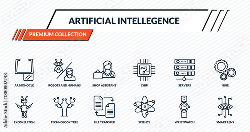 artificial intellegence icons set - ar monocle, robots and humans, shop assistant, technology tree, smart lens outline vector collection.