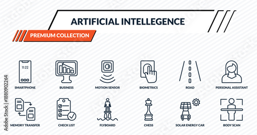 artificial intellegence icons set - smartphone, business, motion sensor, check list, body scan outline vector collection.