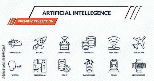 artificial intellegence icons set - hyperloop, rocket, smart home, sensorama, nano sensor outline vector collection.