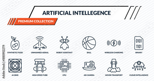 artificial intellegence icons set - synthetic food, unmanned aerial vehicle, robot assistant, high speed tube, cloud intelligence outline vector collection.