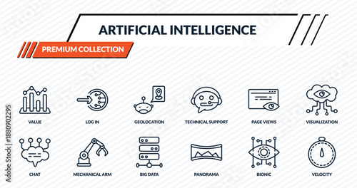 artificial intelligence icons set - value, log in, geolocation, mechanical arm, velocity outline vector collection.