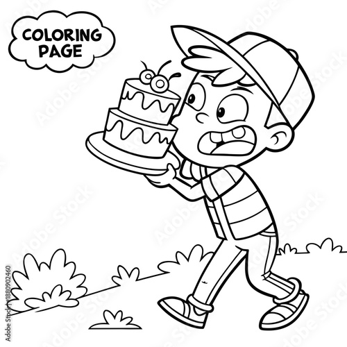 Greedy Boy Refusing to Share Cake – Coloring Book Illustration