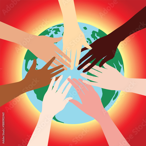 Diverse human hands reaching together over planet Earth, representing unity, peace, equality, freedom, and global cooperation. Conceptual illustration for humanity and social harmony