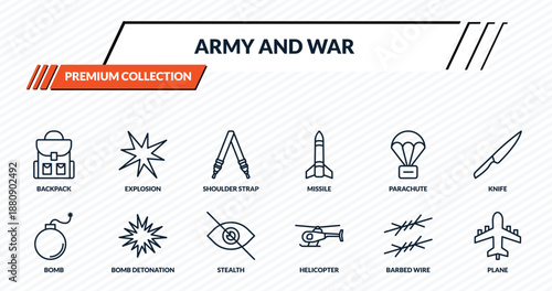 army and war icons set - backpack, explosion, shoulder strap, bomb detonation, plane outline vector collection.
