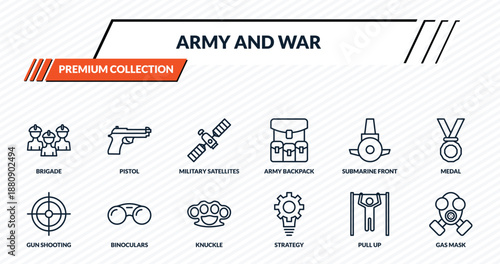 army and war icons set - brigade, pistol, military satellites, binoculars, gas mask outline vector collection.