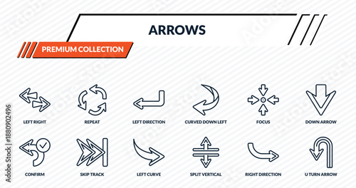 arrows icons set - left right, repeat, left direction, skip track, u turn arrow outline vector collection.
