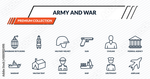 army and war icons set - whizbang with rong, , military helmet, militar tent, airplane outline vector collection.