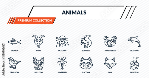 animals icons set - salmon, goat, octopus, bulldog, ladybug outline vector collection.
