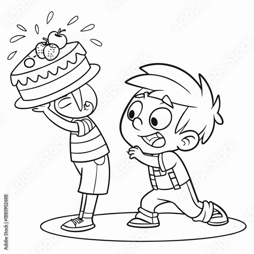 Greedy Boy Refusing to Share Cake – Coloring Book Illustration