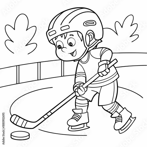 Little Boy Playing Ice Hockey – Coloring Book Vector