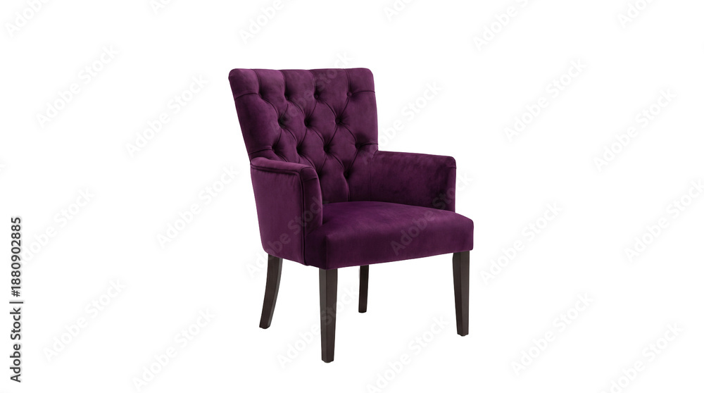 Fototapeta premium A stylish armchair featuring plush, deep purple velvet upholstery with intricate tufting, supported by dark, tapered wooden legs. Isolated on a transparent background for versatile use.