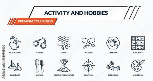 activity and hobbies icons set - beatboxing, arrest, diving, eating, coloring outline vector collection.