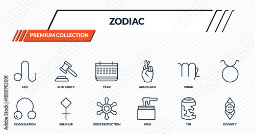 zodiac icons set - leo, authority, year, sulphur, divinity outline vector collection.