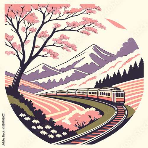 Pink train travels through mountain landscape with blooming cherry blossom tree