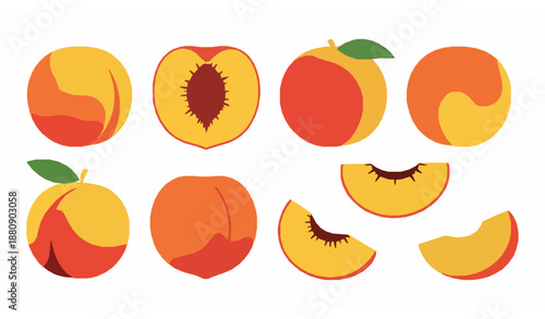 Peach slices and whole fruit vector collection isolated on white background