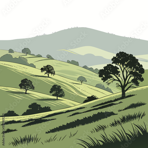 Green hillside with trees and grassy fields landscape