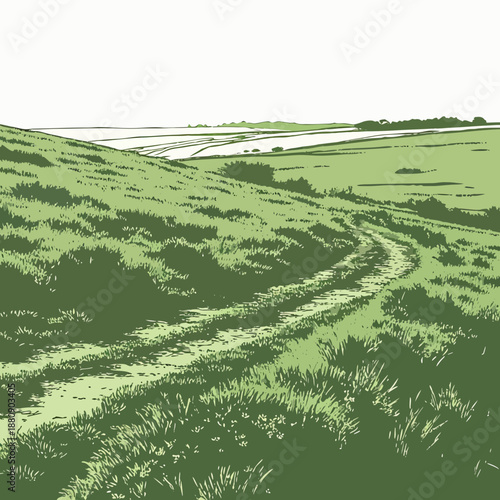 Green grassland ridge fading into horizon realistic