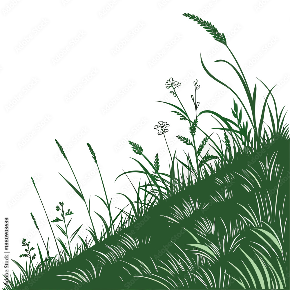 Obraz premium Green grassy hill with wildflowers and blades meadow