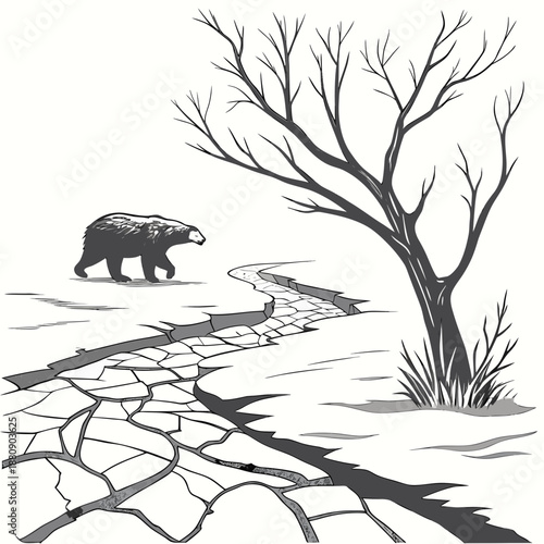 Frozen tundra landscape with bear and cracked ice icy surface